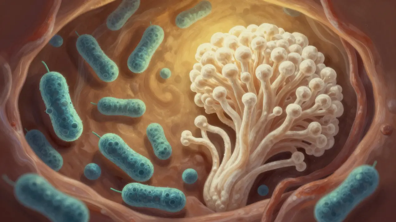 Abstraktní znázornění rovnováhy mezi bakteriemi a houbou v vaginálním mikrobiomu.