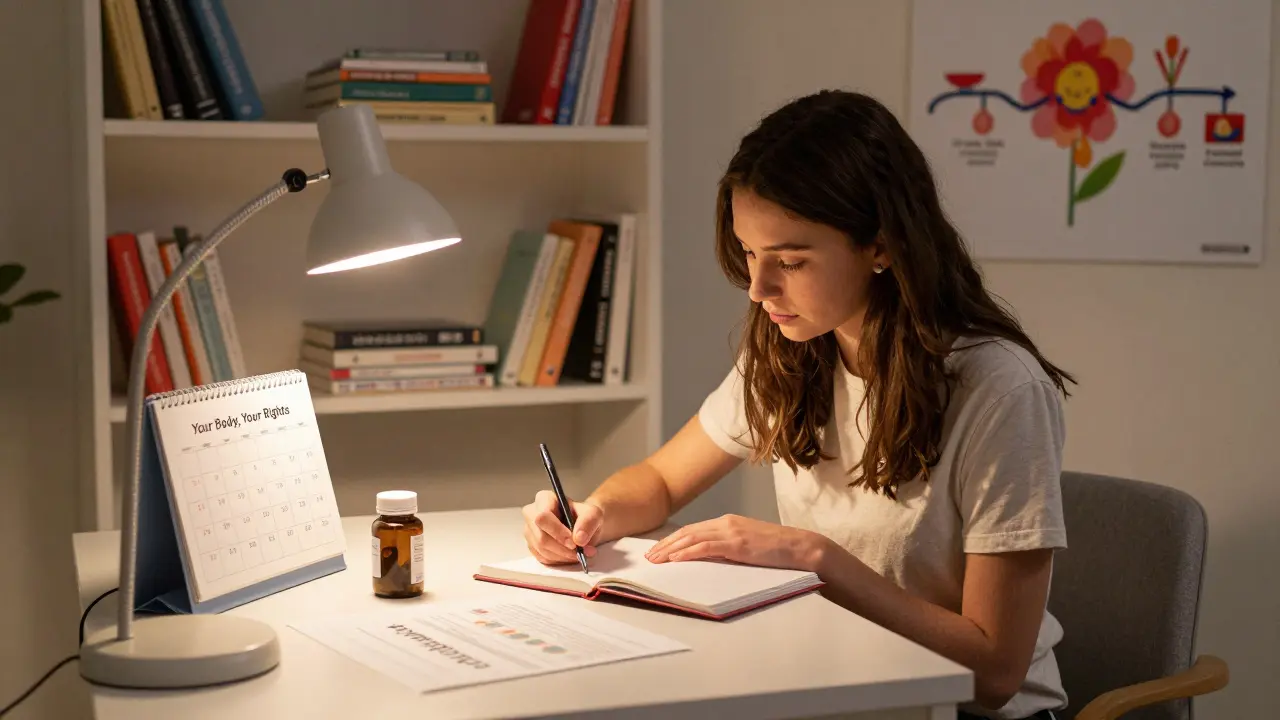 Dívka si vede zdravotní deník s kalendářem menstruací a přírodními přípravky na stole.