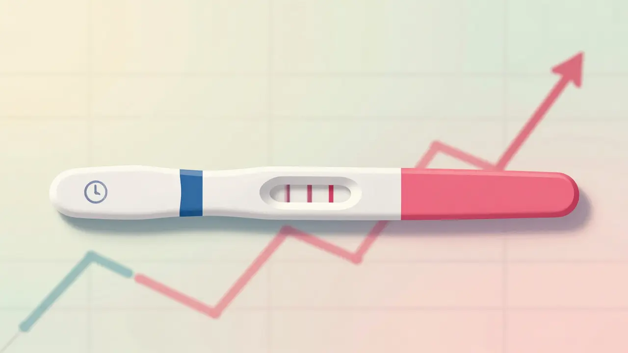 Dva těhotenské testy vedle sebe: jeden s slabou čárou a hodiny, druhý s výrazným výsledkem a grafem hCG.