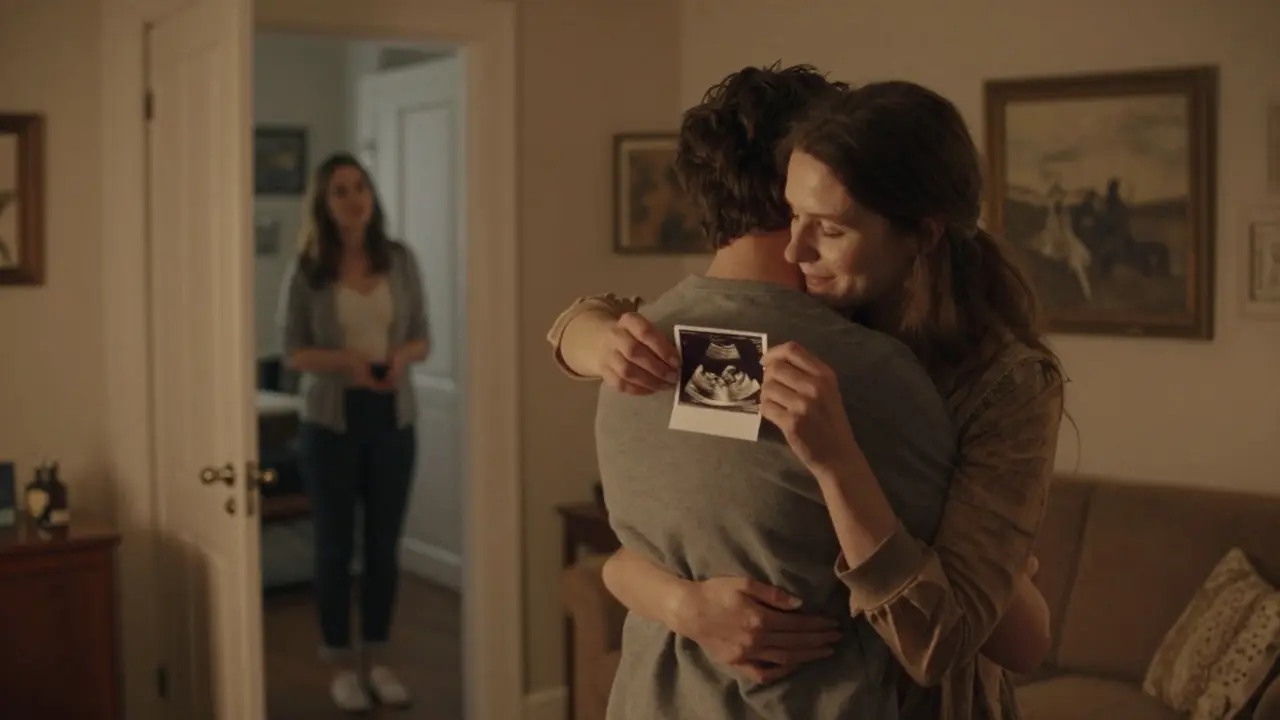 Dvojice drží ultrazvukovou fotografii v tiché, teplé rodinné scéně.