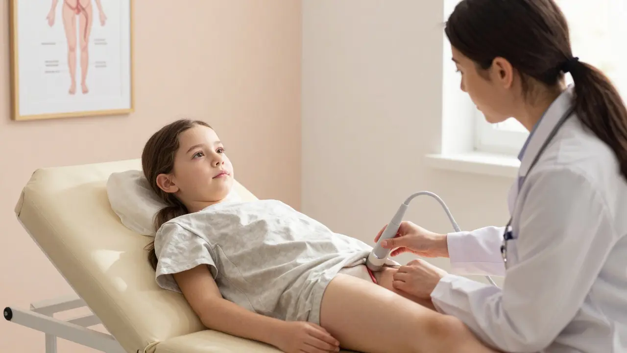 Gynekoložka provádí vnější prohlídku dívky, která leží na vyšetřovací lůžce v klidném prostředí.