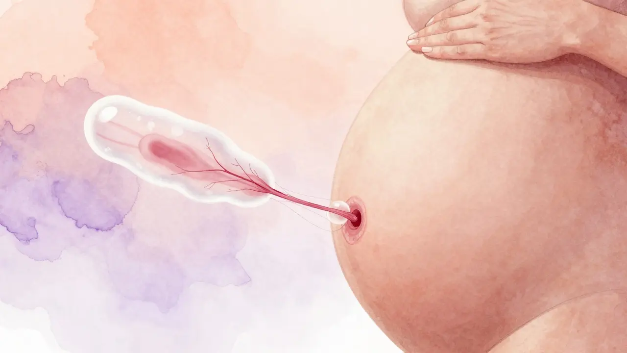 Ilustrace těhotného krčku dělohy s postupně se uvolňující očistkovou zátkou a krvavými stopami.