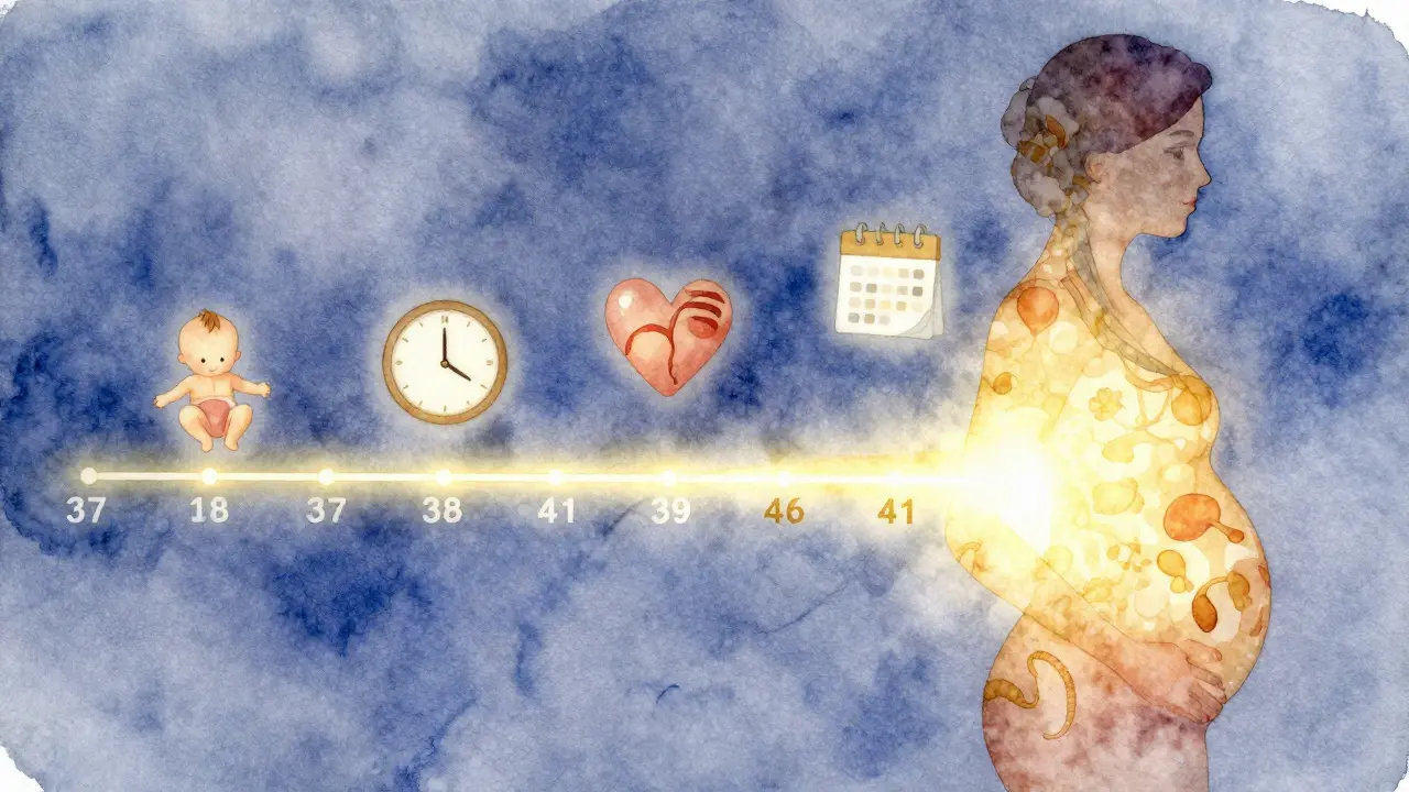 Koncepční vodová barva těla s časovou osou od 37 do 44 týdnu, zlaté označení 39–41 týdne s ikonami.