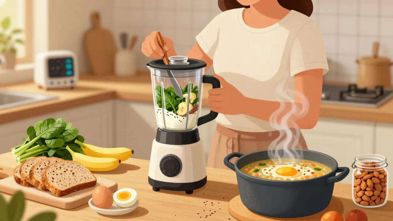 Matka připravuje smoothie z banánu, jogurtu a lněných semínek v kuchyni.