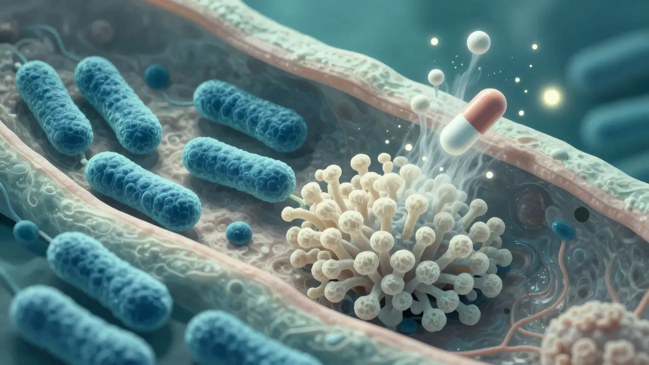 Mikroskopický pohled na rovnováhu bakterií a hub ve vagíně.