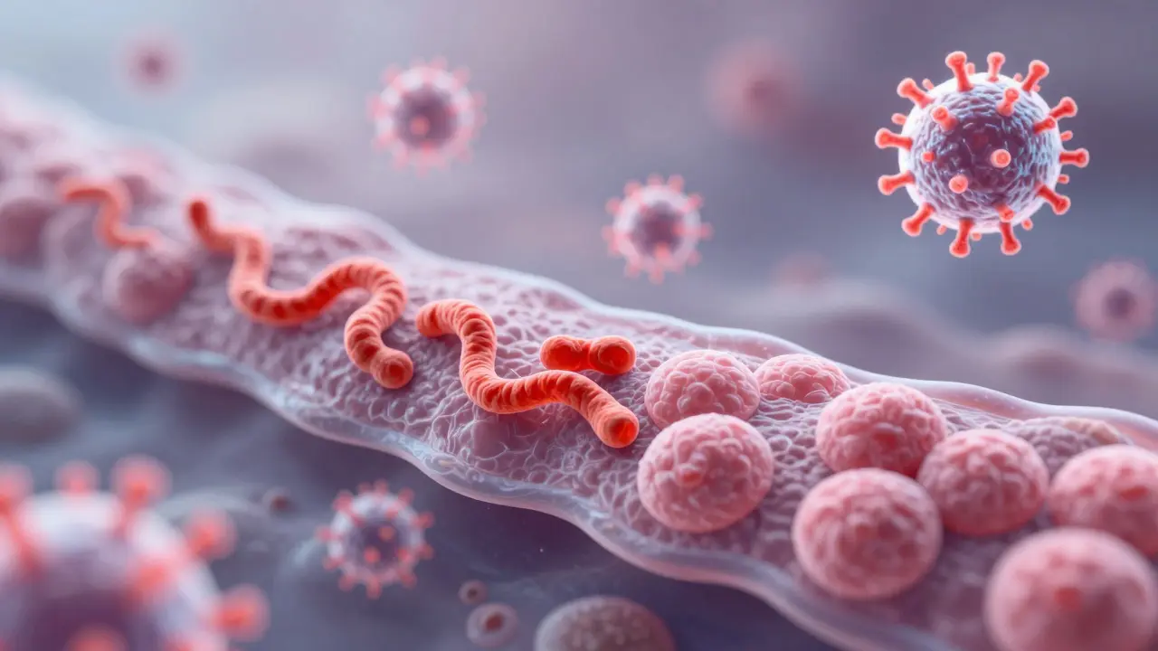 Mikroskopický pohled na změněné a zdravé buňky děložního čípku s virusem HPV.