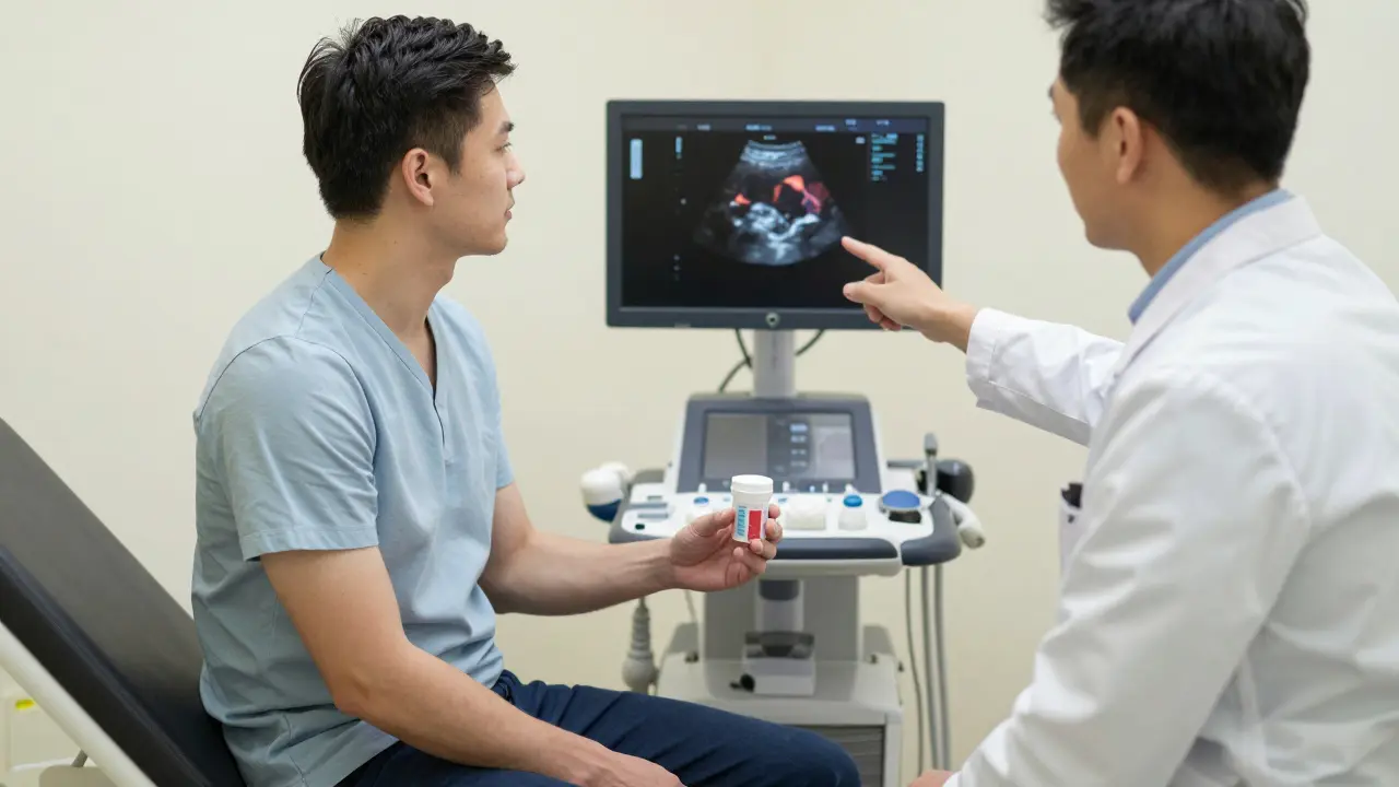 Muž a lékař prohlížejí ultrazvukový snímek varikokély v klinice.