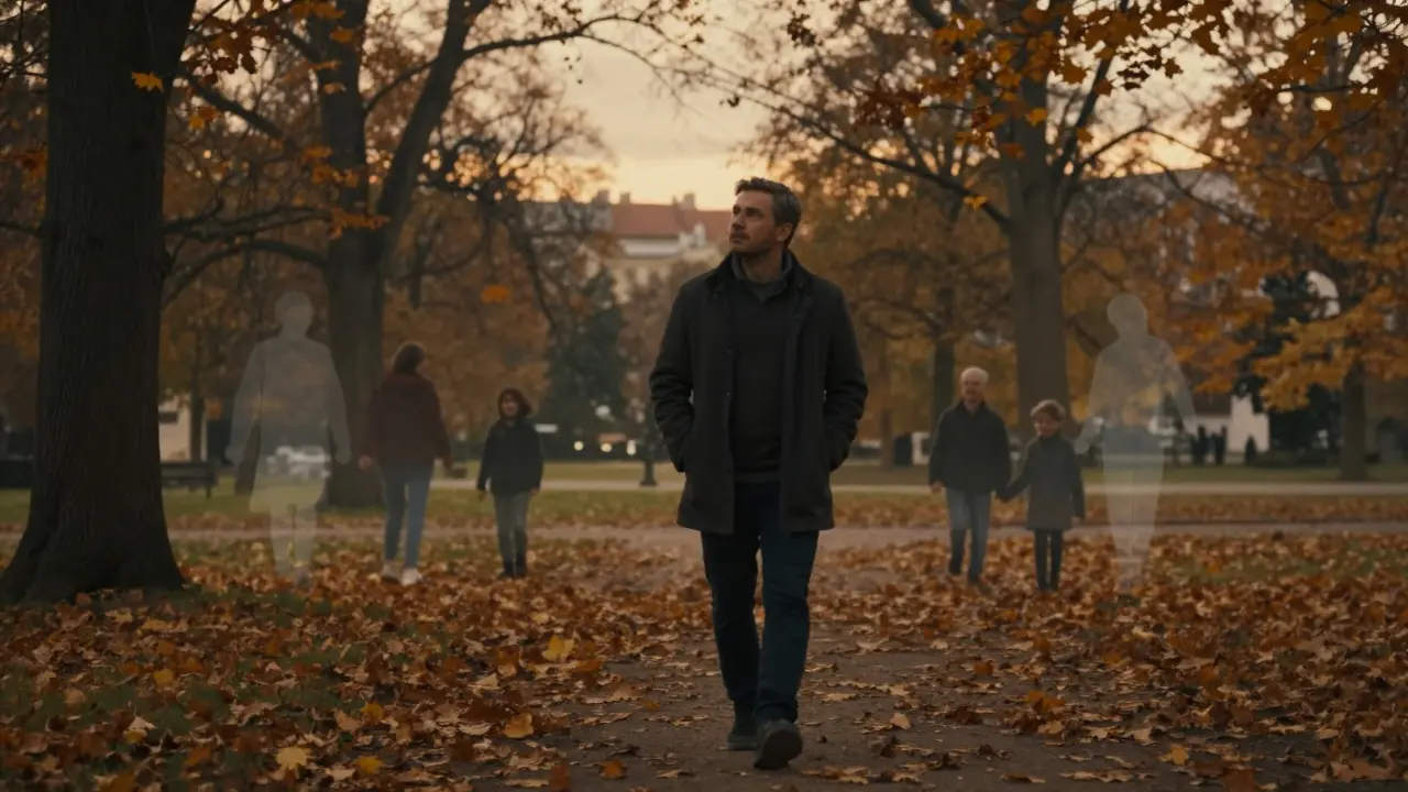 Muž prochází parkem v Brně, listí padá kolem něj, rodiny jsou v pozadí.
