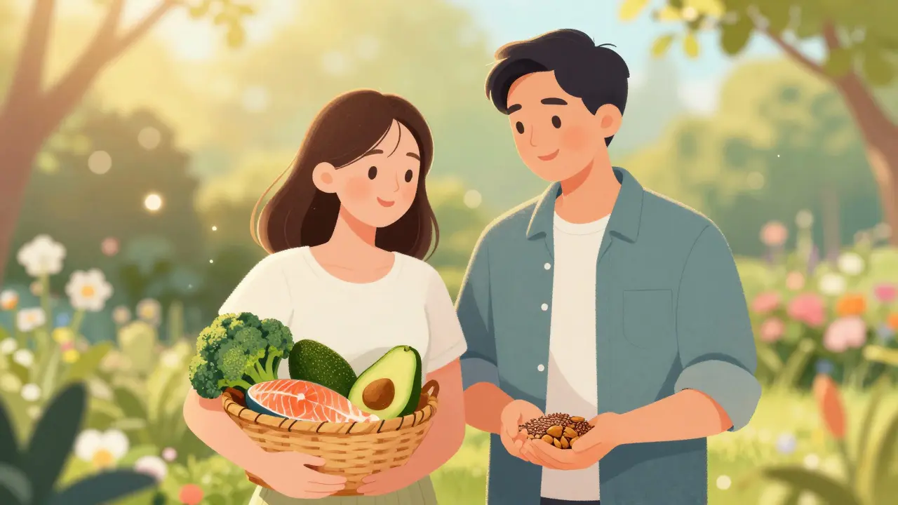 Pár v zahradě drží zdravé potraviny, symbolizující společnou péči o plodnost.