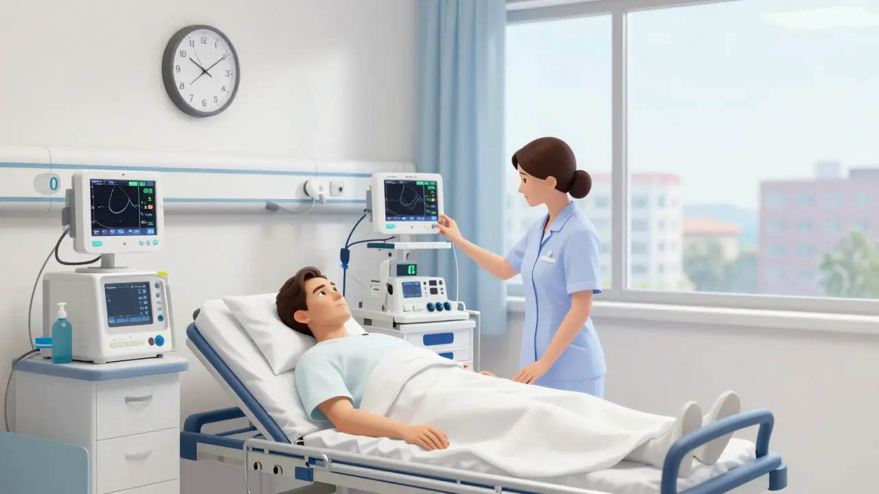 Porodní místnost v české nemocnici v pondělí ráno, sestra sleduje monitor, čas 6:15, klidné město za oknem.