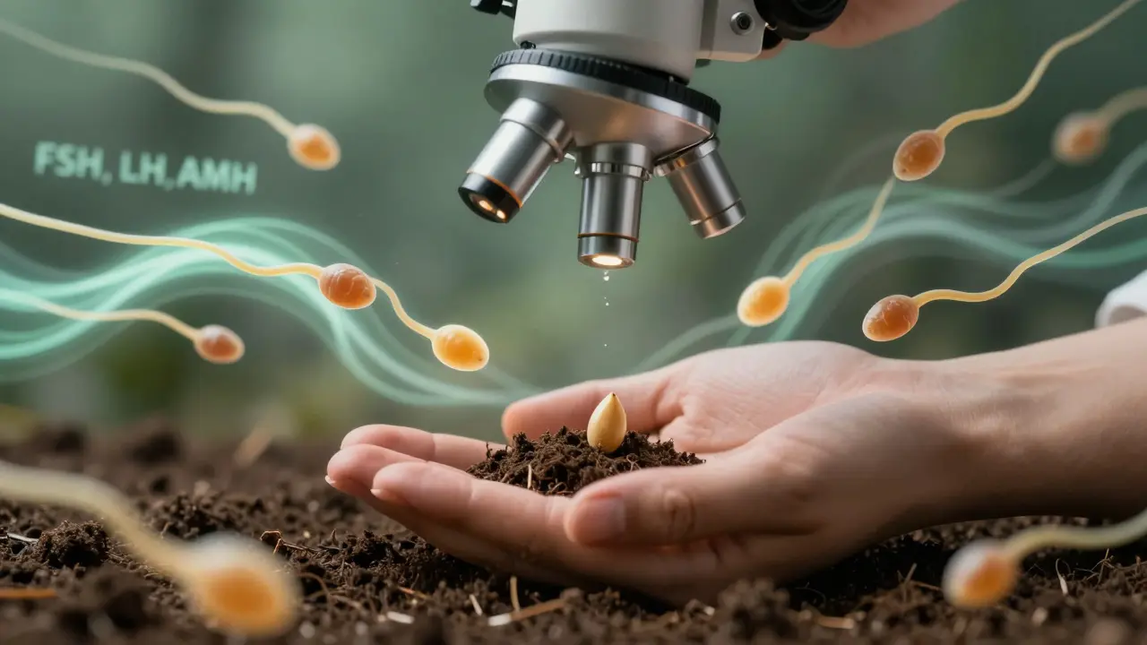 Ruce sítí semínko do půdy, kolem něj se vznášejí mikroskopické obrazy spermie a vajíčka.