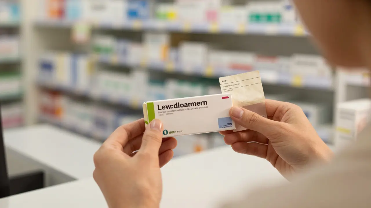 Ruka drží antikoncepční pilulku vedle starého receptu v lékárně.