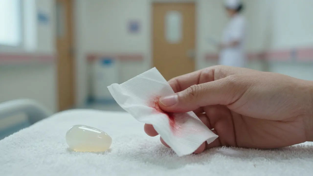 Ruka drží krevnatý hadřík a hlenový plug na bílém ručníku.