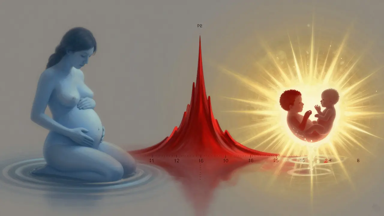 Symbolická scéna tří fází porodu: falešné kontrakce, pravé kontrakce a prasknutí vod.