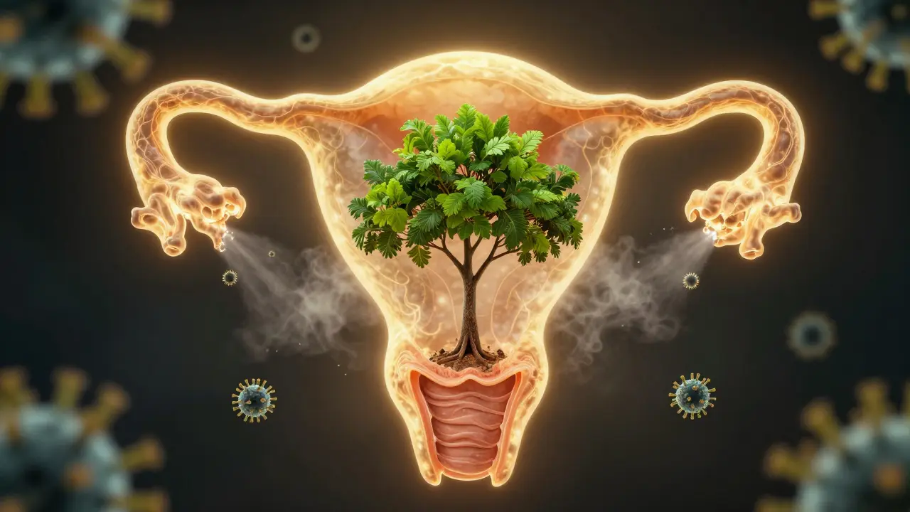 Symbolický obraz imunitního systému, který ničí viry HPV a podporuje hojení děložního čípku.