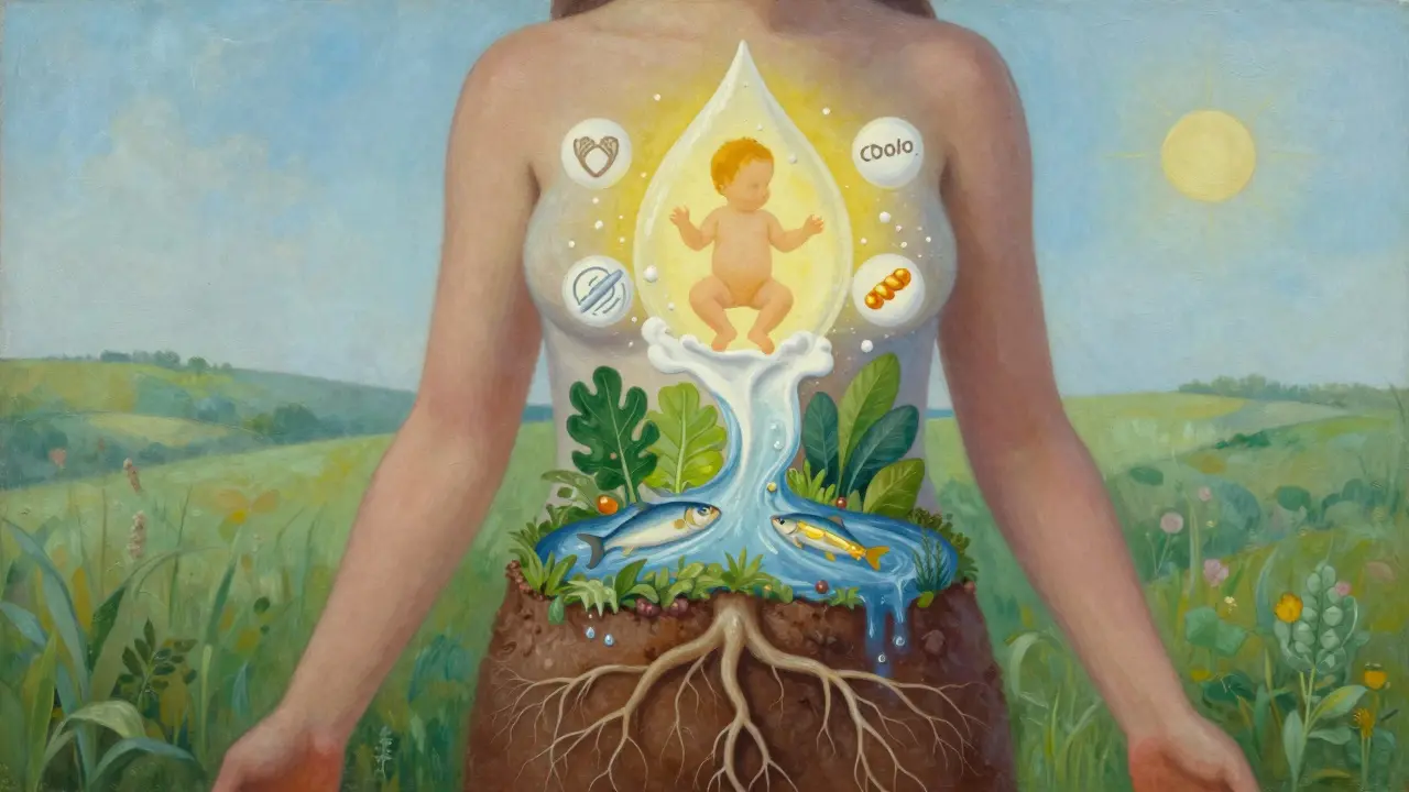 Symbolický obraz těla ženy jako krajiny obnovy, napájené živinami a mlékem.