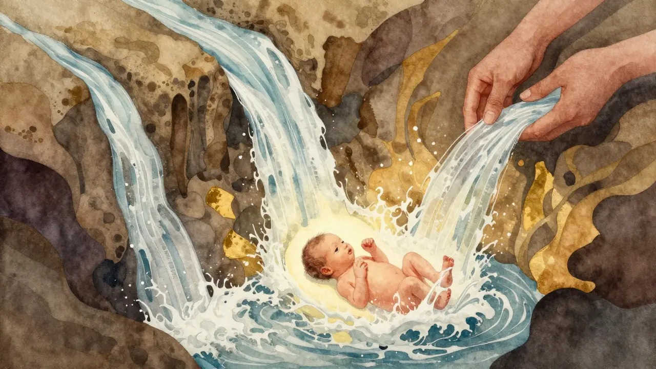 Tři fáze porodu znázorněny jako proudy vody, které se spojují v novorozence, v abstraktním vodním malířství.