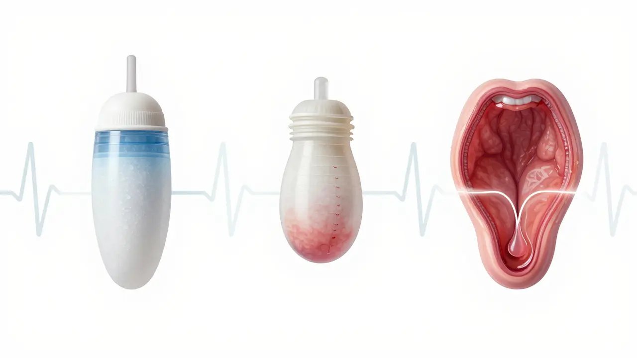 Tři fáze přípravy na porod: uzavřený krček, částečně vyloučená zátka a plně otevřený krček s vodou.