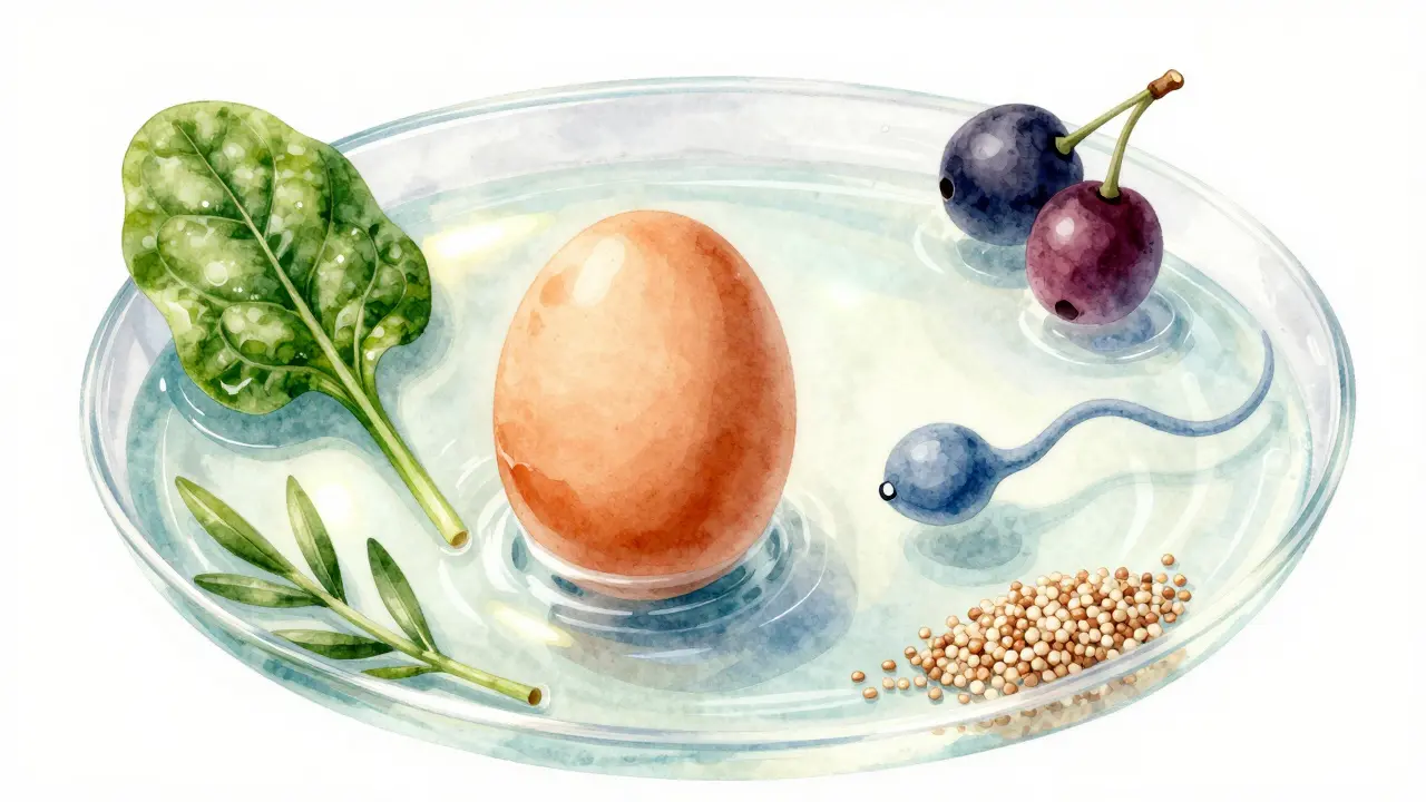 Vajíčko a spermie obklopené symboly zdravých potravin podporujících početí.