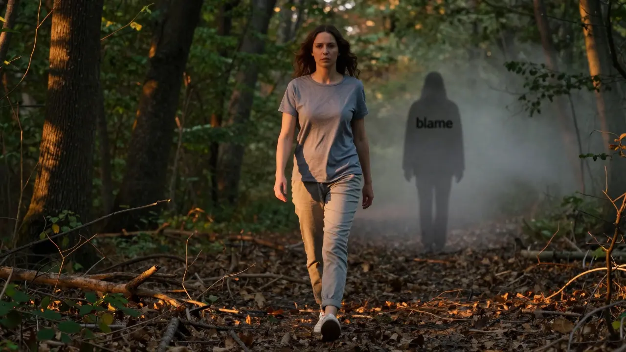 Žena jde lesní cestou, stín vinosti se mění v mlhu.