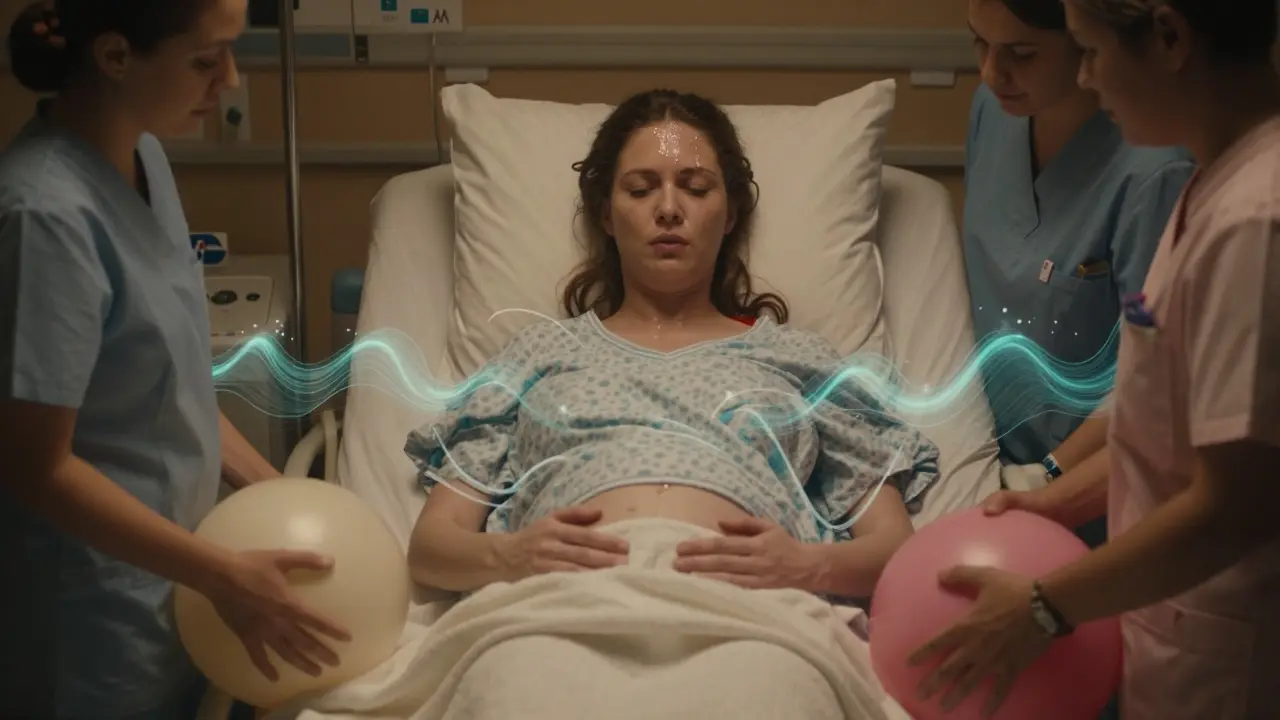 Žena porodí v nemocnici, podporovaná blízkými, s viditelným napětím a teplým osvětlením.
