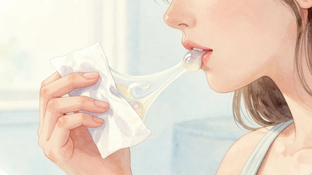 Žena pozoruje konsistenci cervikálního výměsu při přirozeném světle.