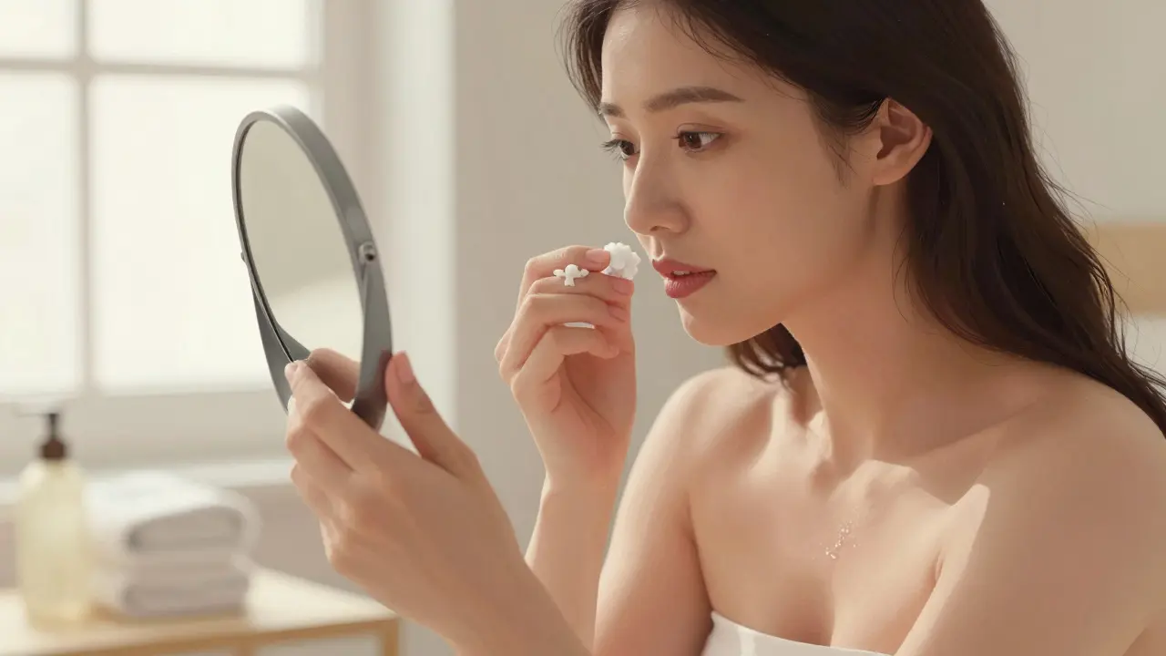 Žena se podívejí do zrcadla a pozoruje výtok, mírné osvětlení z okna.