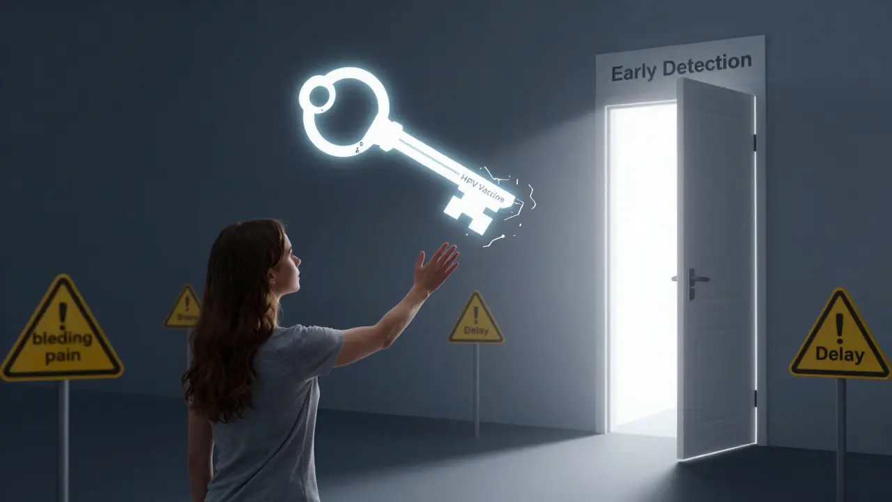 Žena táhne k klíči očkování proti HPV, cesta od varování k detekci.