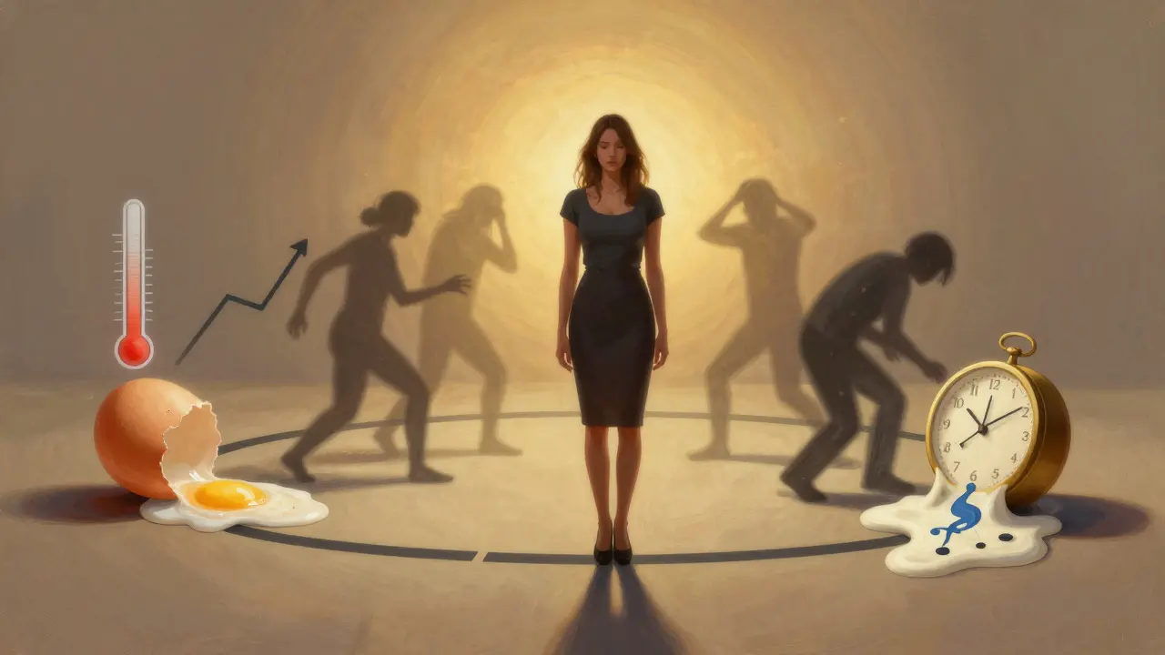 Žena v centru symbolického cyklu s grafem teploty, vajíčkem a odstupujícími stresovými prvky.