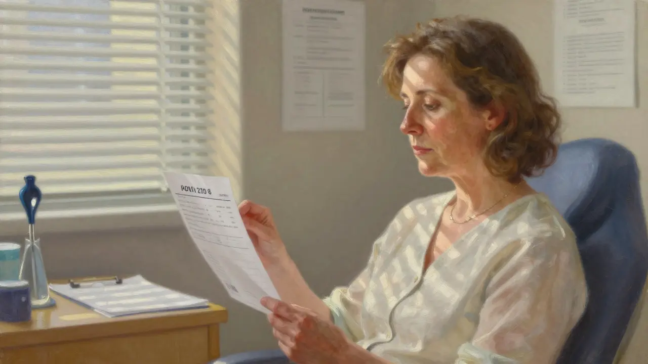 Žena v gynekologické ordinaci s výsledkem testu na HPV.