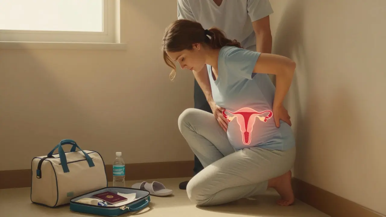 Žena v porodním pokoji opírá o zeď, partner jí masíruje záda, připravuje se na cestu do porodnice.