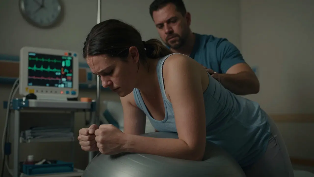 Žena v porodu se opírá o porodní míč, její partner ji podporuje v nemocničním pokoji.