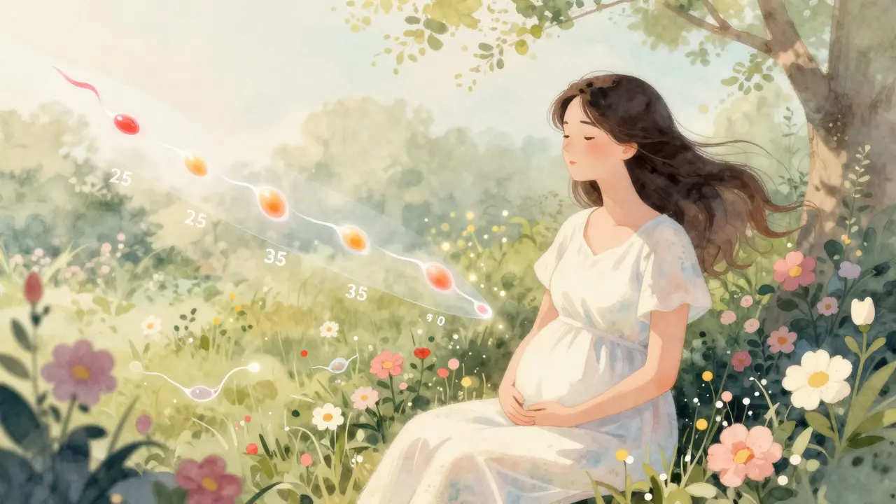 Žena v zahradě s květinami a průhlednými časovými čarami znázorňujícími pokles plodnosti s věkem.