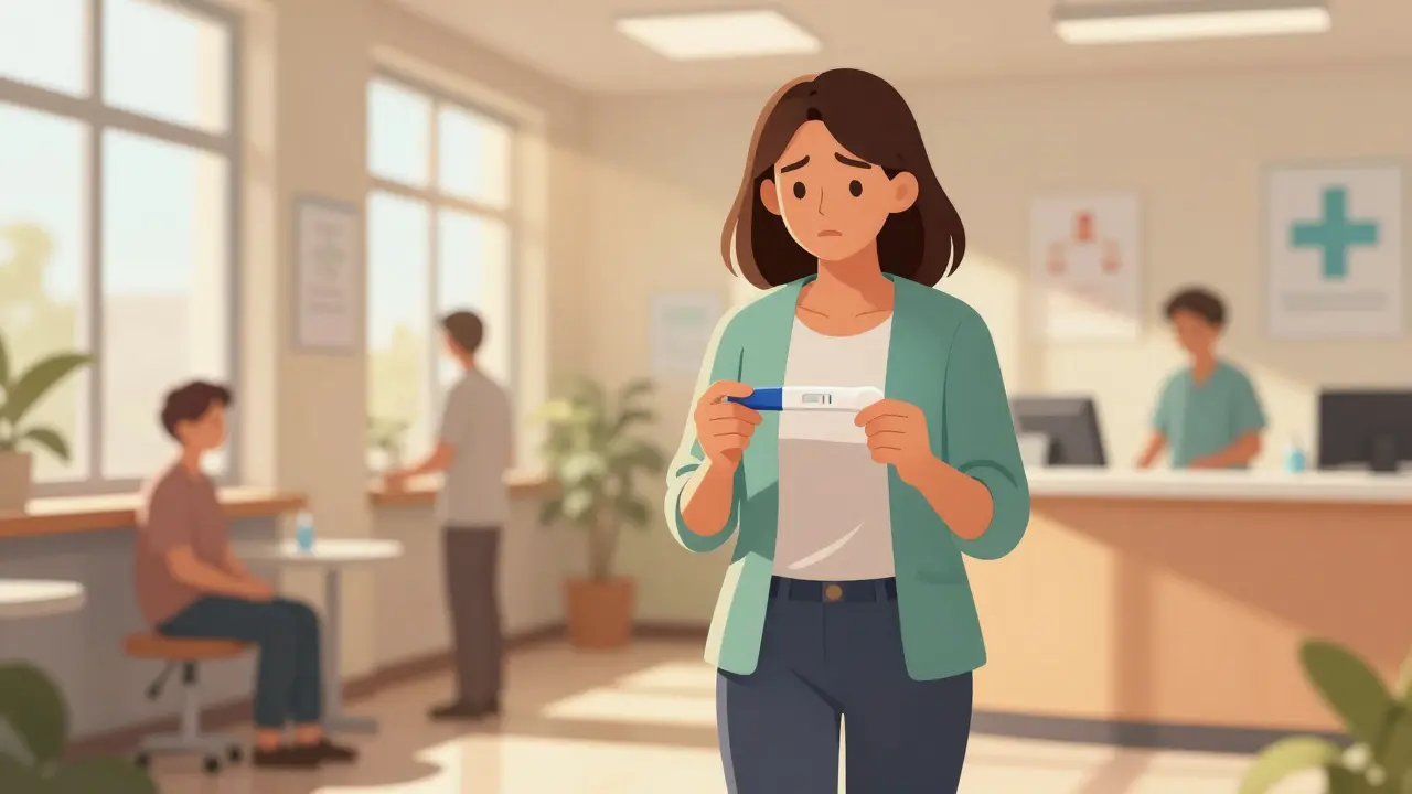 Žena vstupuje do kliniky s těhotenským testem, za ní viditelné lékařské symboly a sluneční světlo.