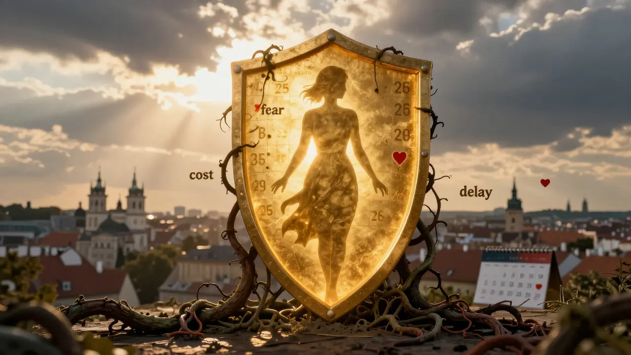 Zlatý štít tvaru ženy chrání před strachem a odkladem, symbolizující důležitost preventivního vyšetření.