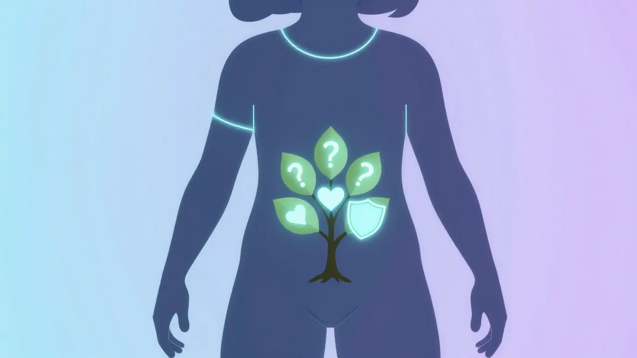 Abstraktní silueta dívky s růstoucím stromem z břicha, symbolizujícím vývoj těla a emoce.