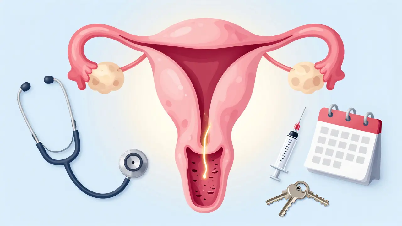 Abstraktní znázornění děložního čípku s prekancerózními změnami a příznaky prevence.