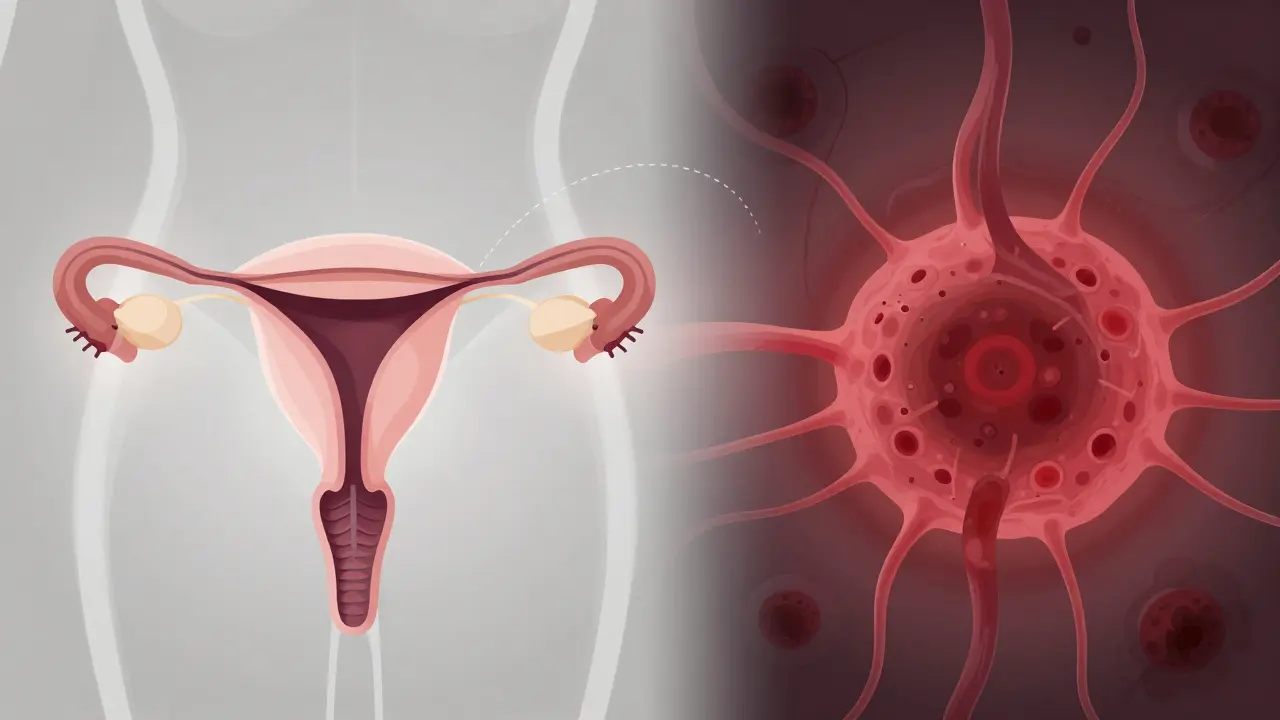 Comparison of healthy ovaries versus ovarian tumor with invasive growth patterns.