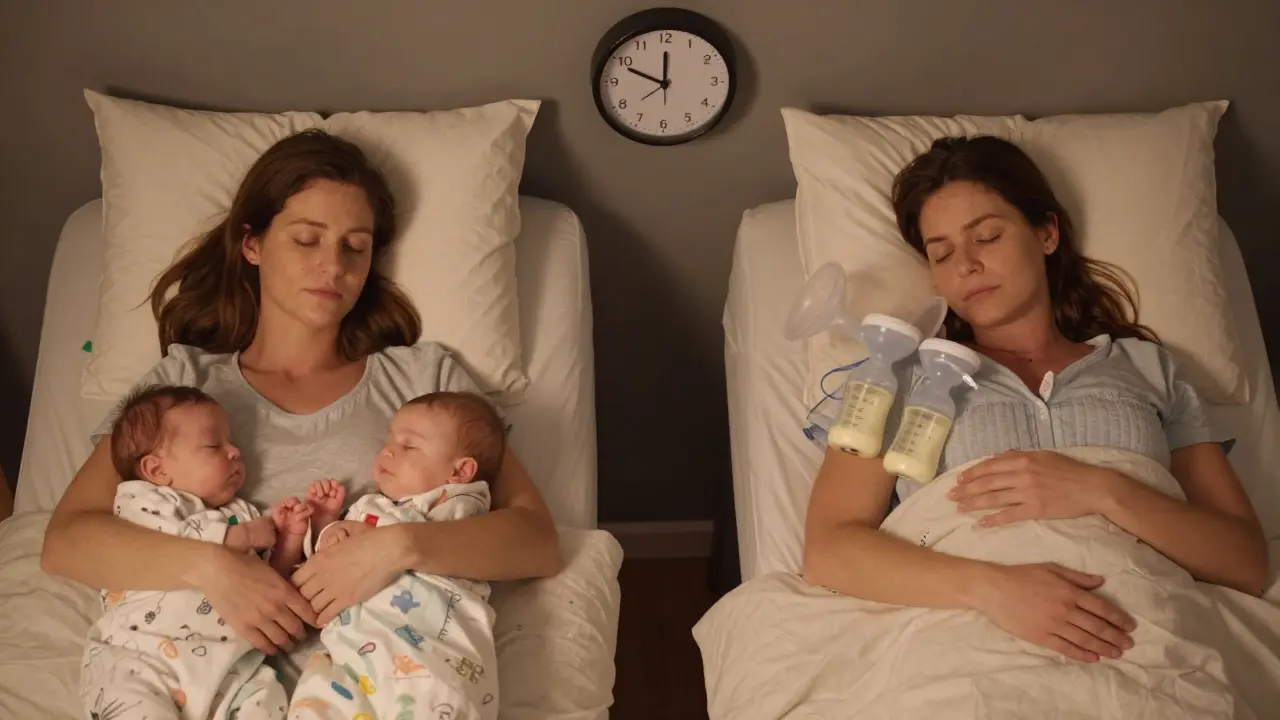 Dvě matky: jedna s dvojčaty, druhá s pumpičkou, obě v klidném prostředí v noci.