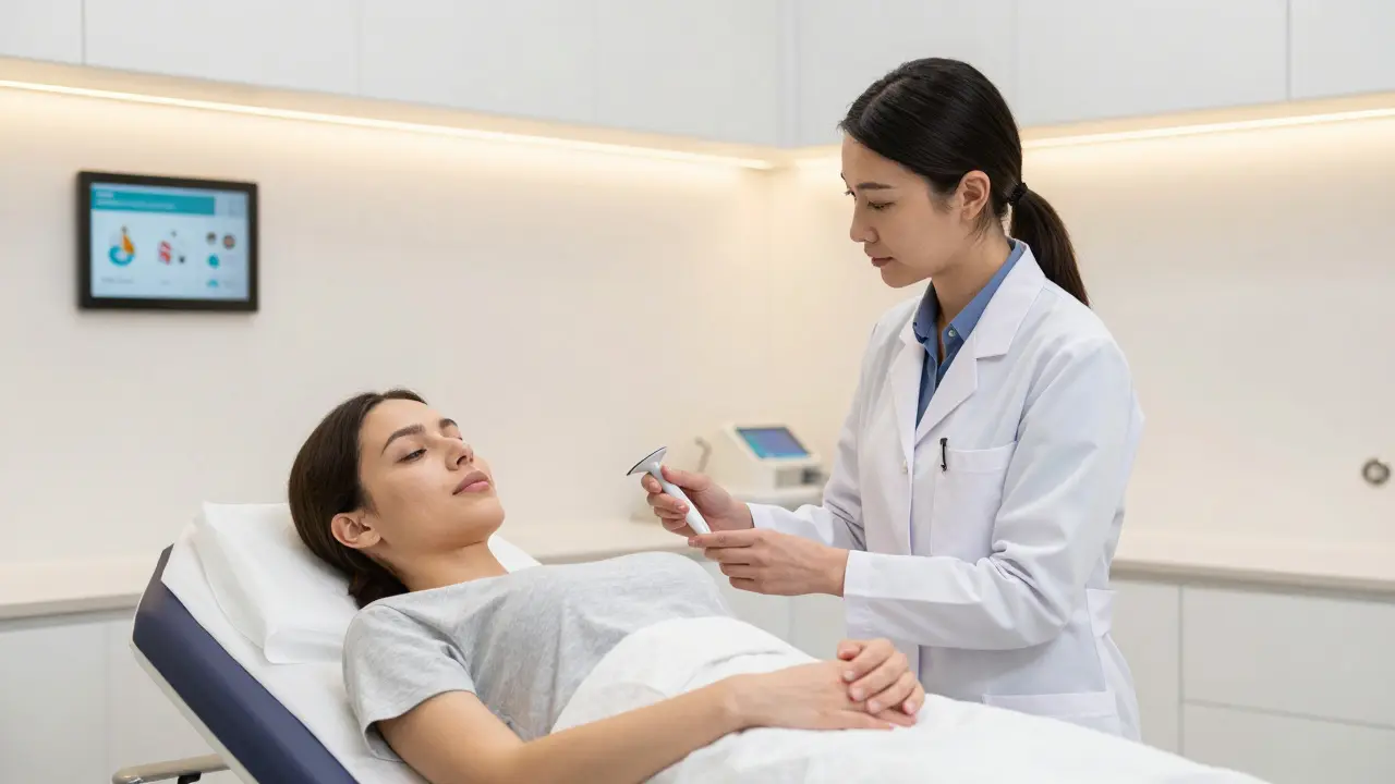 Gynekoložka v soukromé ordinaci v Praze v roce 2026 vysvětluje pacientce použití zrcátka.