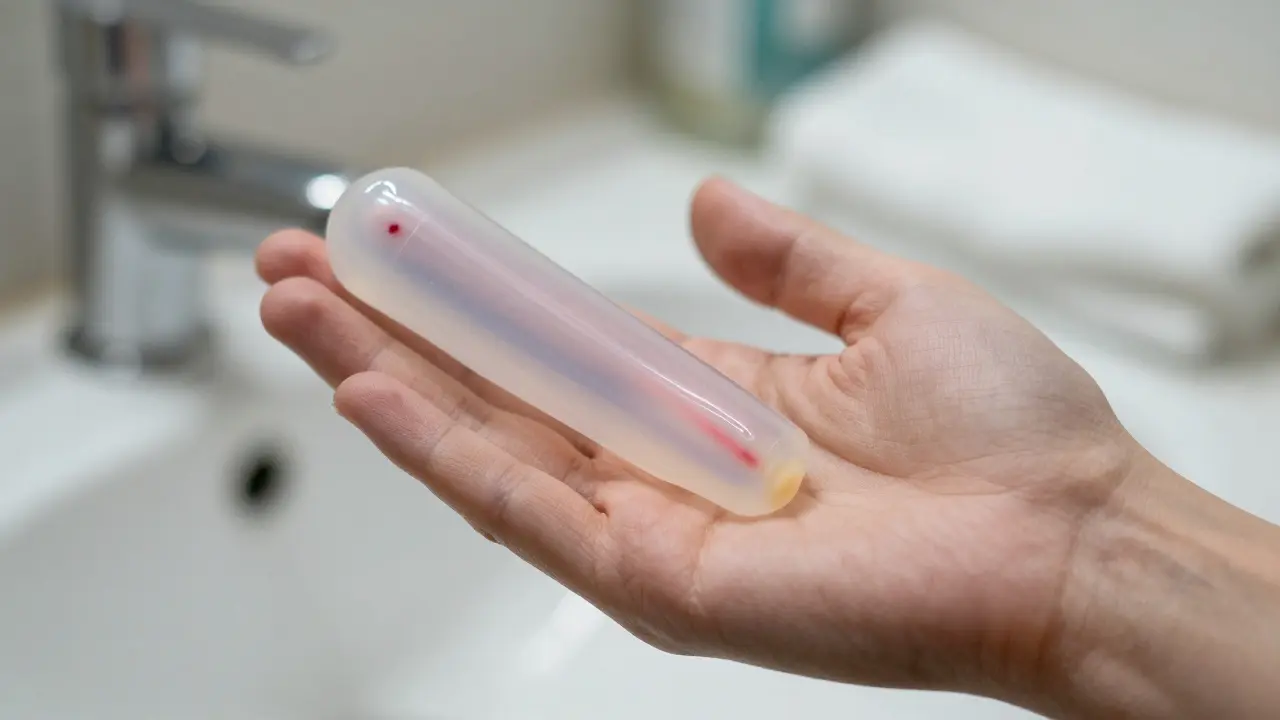 Jasná, slizovitá hlenová hmotnost s stopami krve na dlaních.