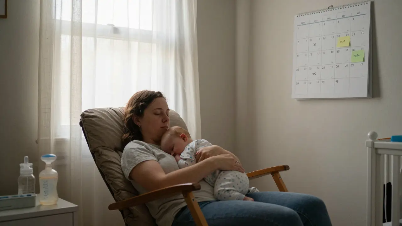 Matka usnula v křeslíčku s dítětem, kolem ní předměty pro kojení a světlo ranního dne.