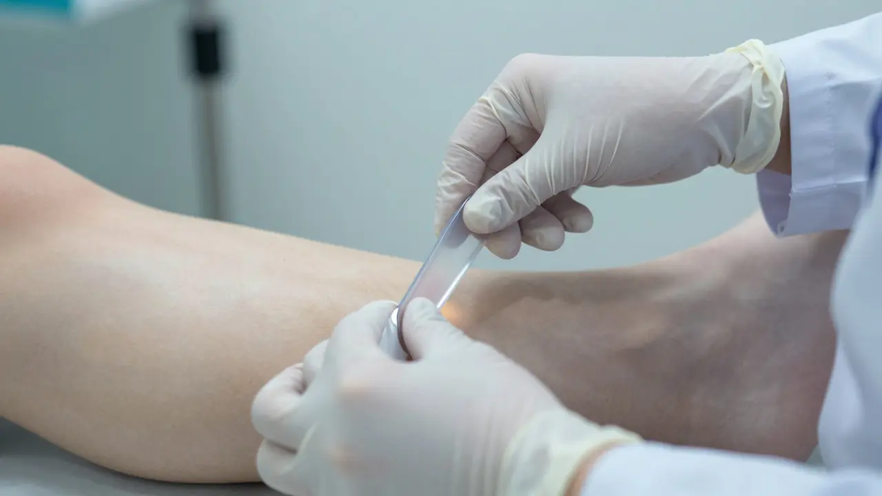 Ruce gynekologa provádějí jemné vnitřní vyšetření za použití specula.