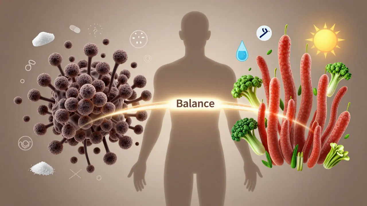 Silueta těla s protiklady: chaos kvasinek na jedné straně, zdravá mikroflóra na druhé.