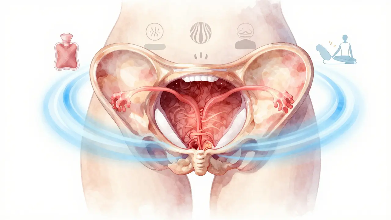 Stylizovaný výřez pánve s napjatým děložním čípkem a uvolňujícími energiemi.