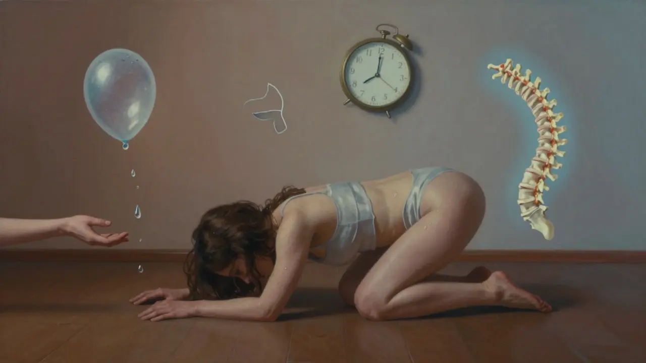 Těhotná žena na čtyřech s symbolickými prvky představujícími porod.