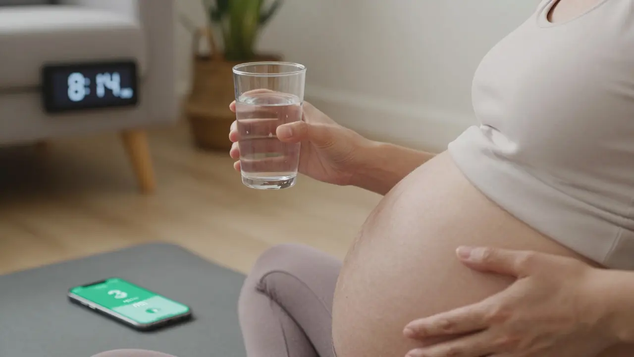 Těhotná žena pije vodu a masíruje si záda během prvních příznaků porodu.