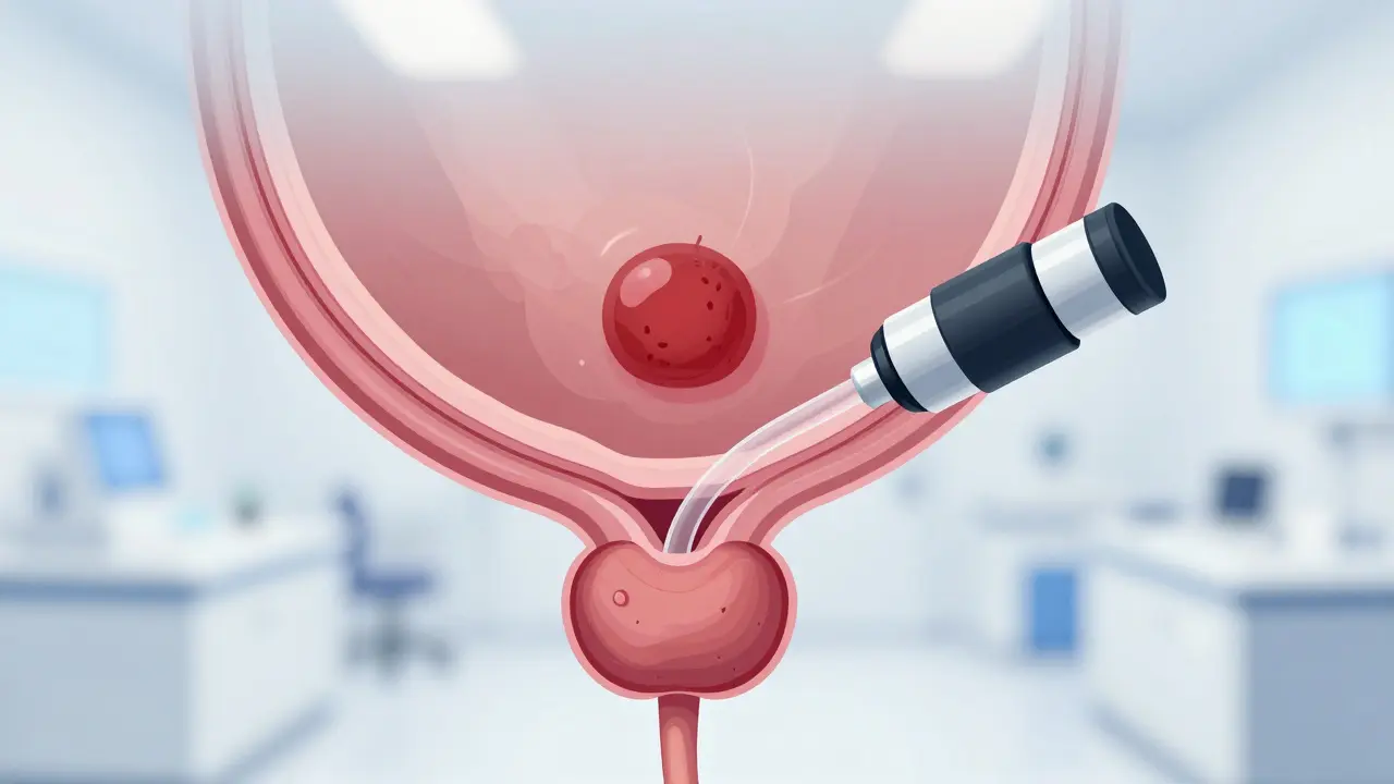 Vnitřní pohled na močový měchýř s nádorem a cystoskopem.