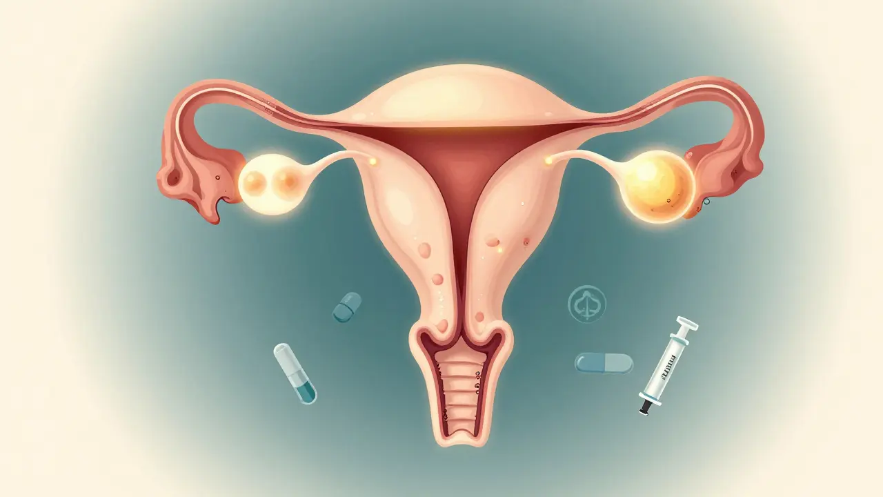 Vnitřní pohled na vaječníky s rozvíjejícími se folikuly osvětlenými zlatým světlem.