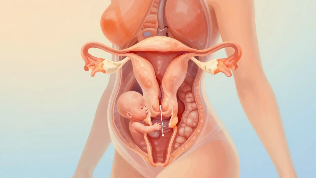 Vnitřní změny těla během začátku porodu: děloha se zkracuje a otevírá.